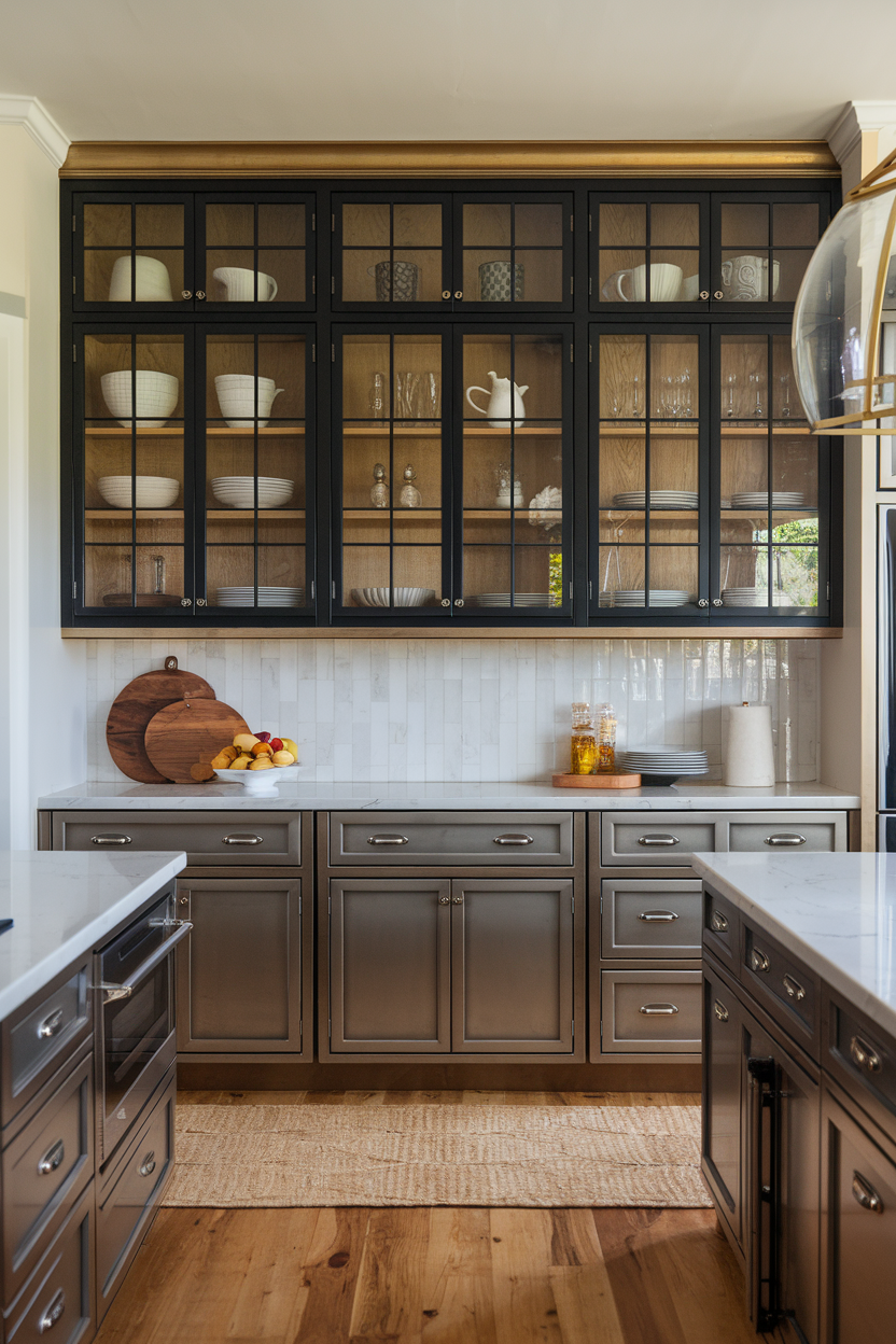 Modern Bronze and Black Metal Cabinet with Glass Doors