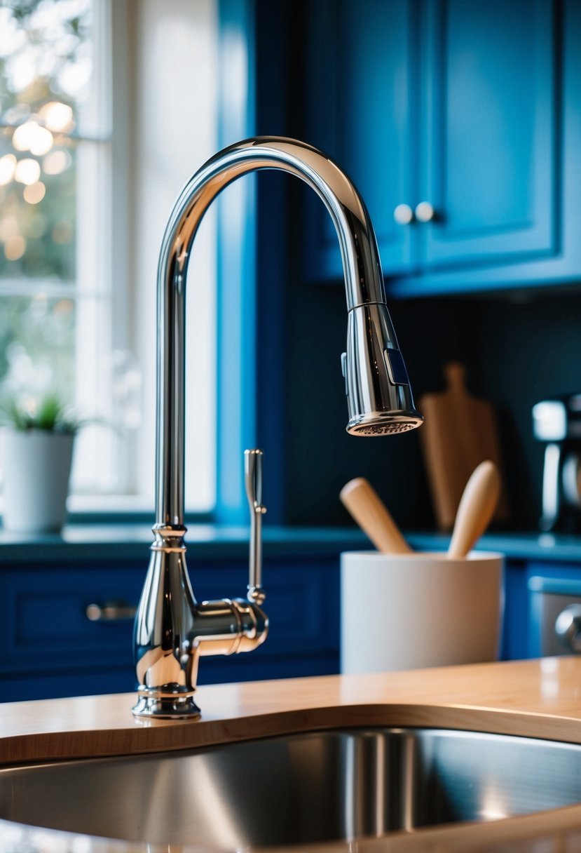 A stainless steel faucet complements blue cabinets well