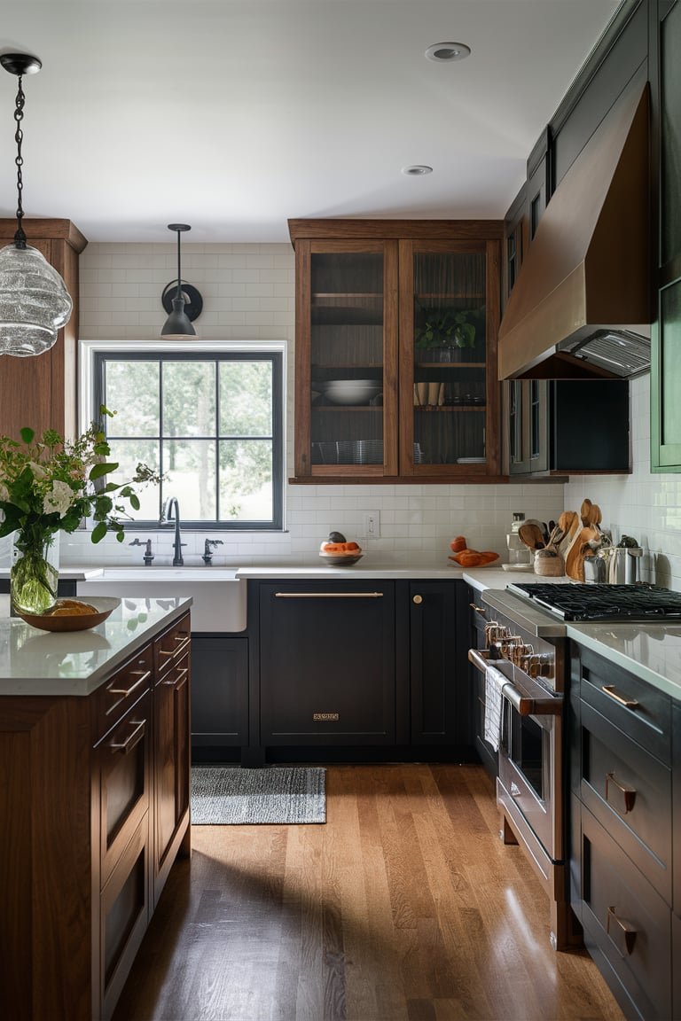 Bronze-Finished Metal Cabinets with Wood Accents