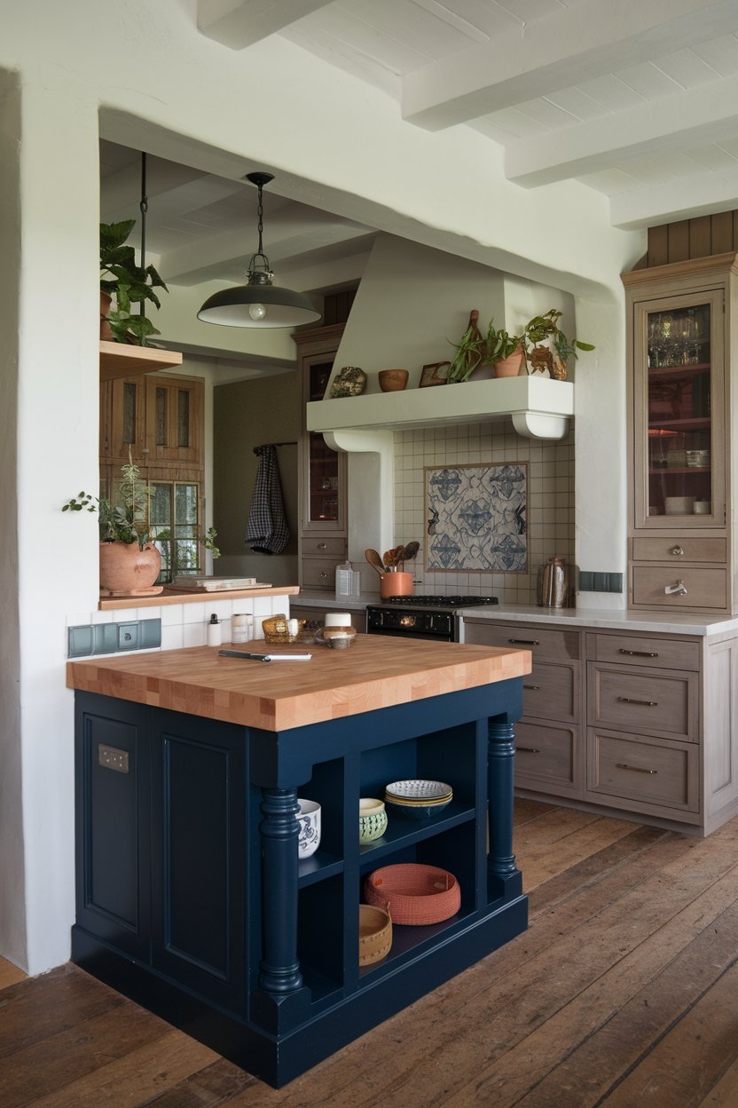 Mixing blue cabinetry with wood accents adds an inviting and organic feel to kitchens