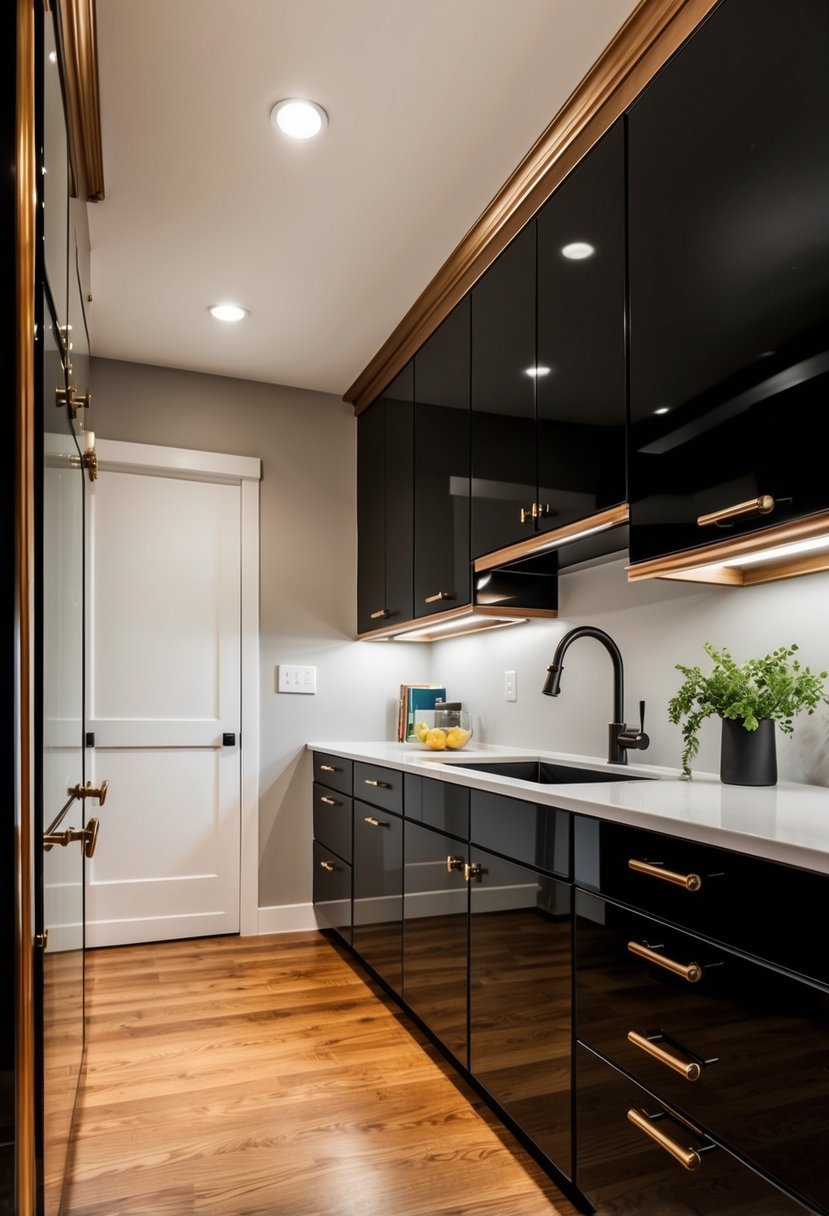 Glossy Black Base Cabinets with Bronze Trim