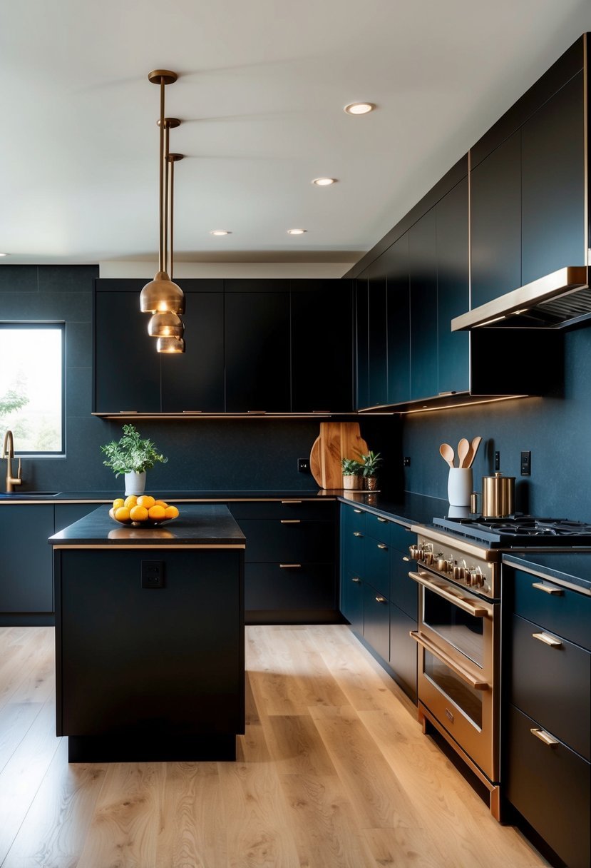 High-Gloss Black Cabinets with Bronze Highlights