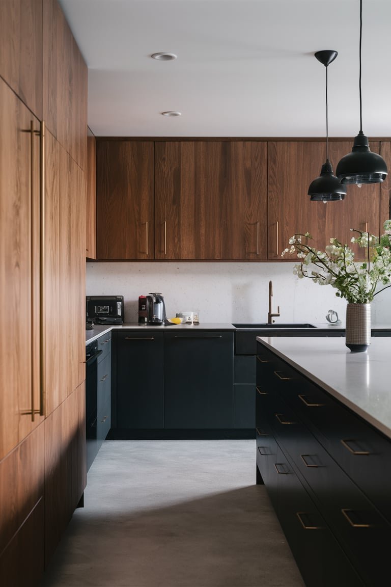 Sleek Black Metal Cabinets with Bronze Handles