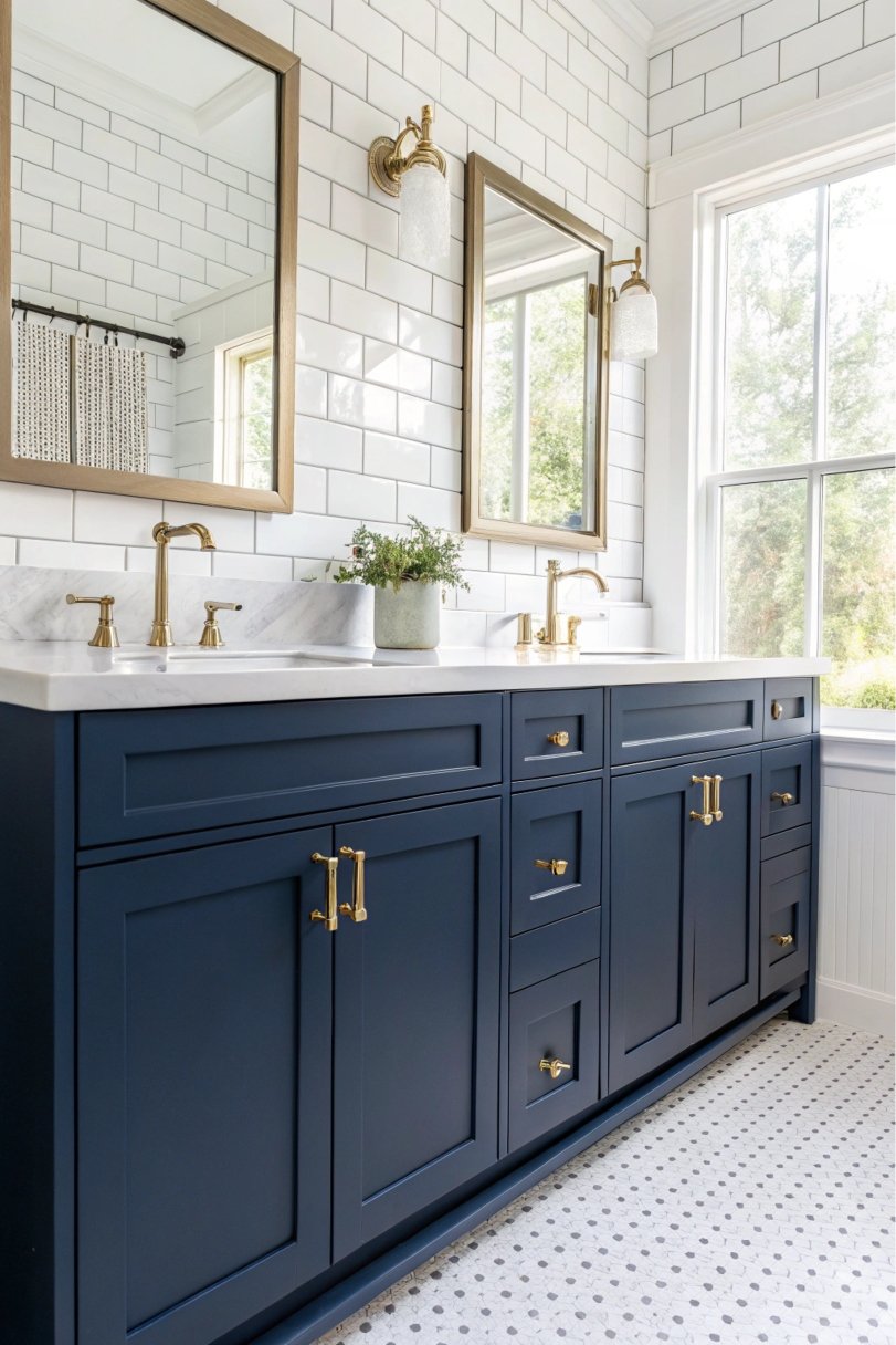 A bathroom with navy blue cabinets and brass fixtures