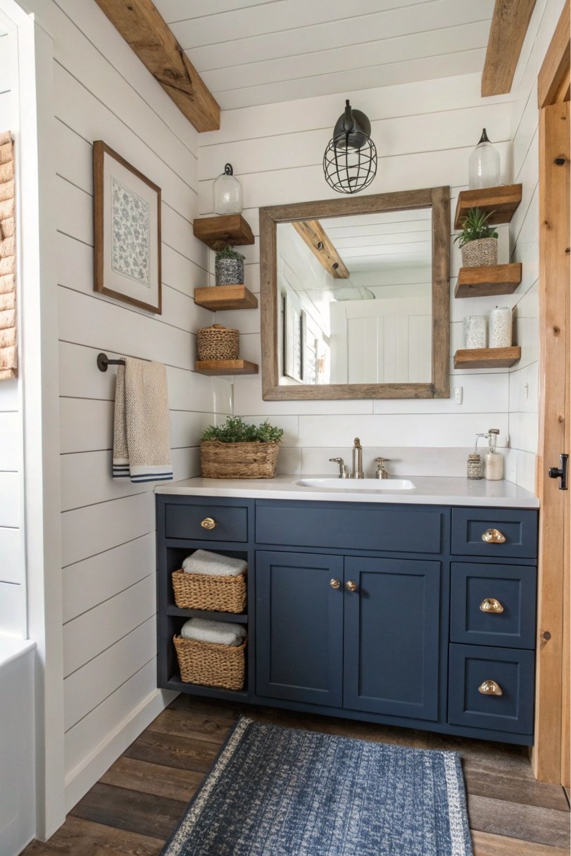 A farmhouse-style bathroom with navy blue cabinets, white walls, and wooden accents