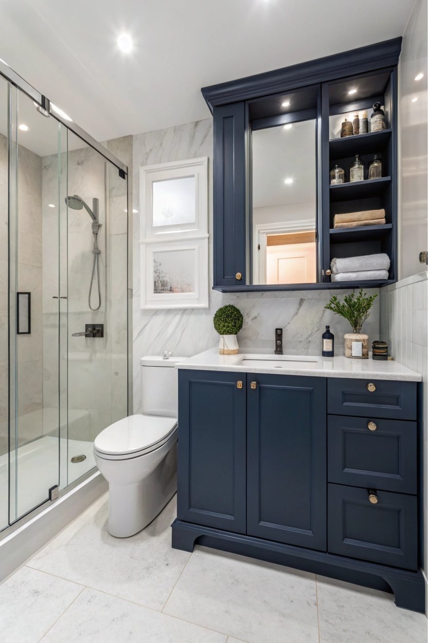 A sleek, modern bathroom with navy blue cabinets, clean lines, and minimalist decor