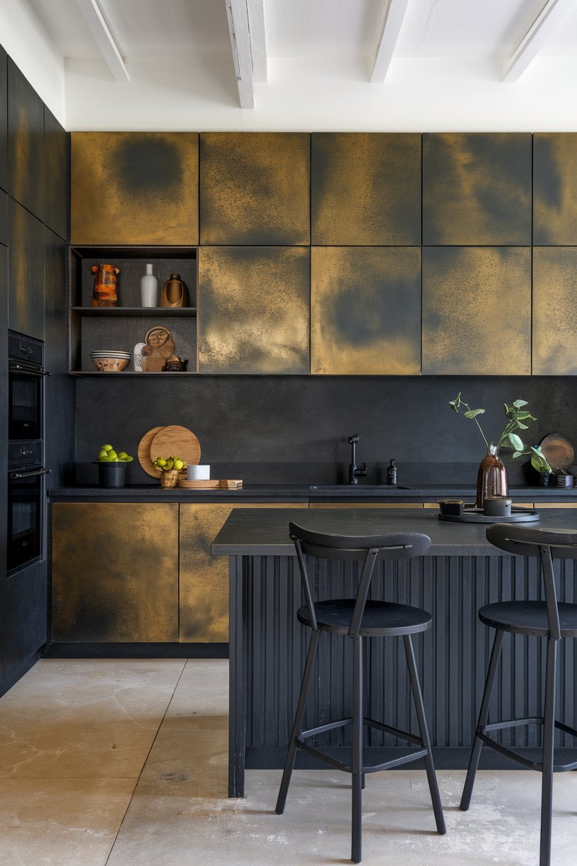 Bronze patina combined with black metal creates a striking visual contrast in kitchen design