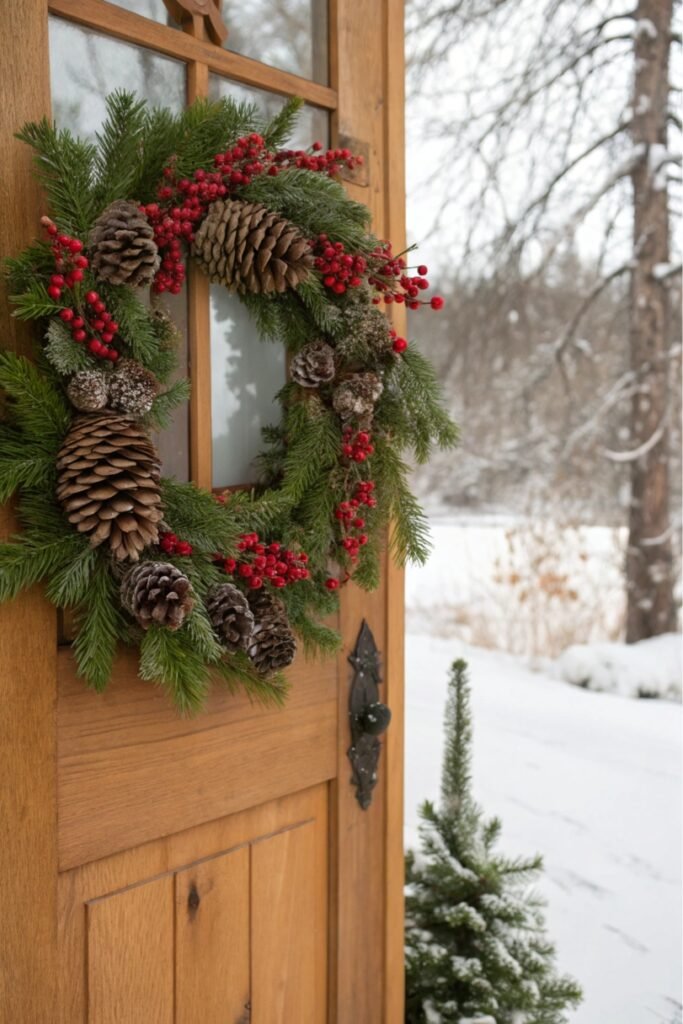 A pinecone wreath hangs on a wooden door, surrounded by evergreen branches and red berries