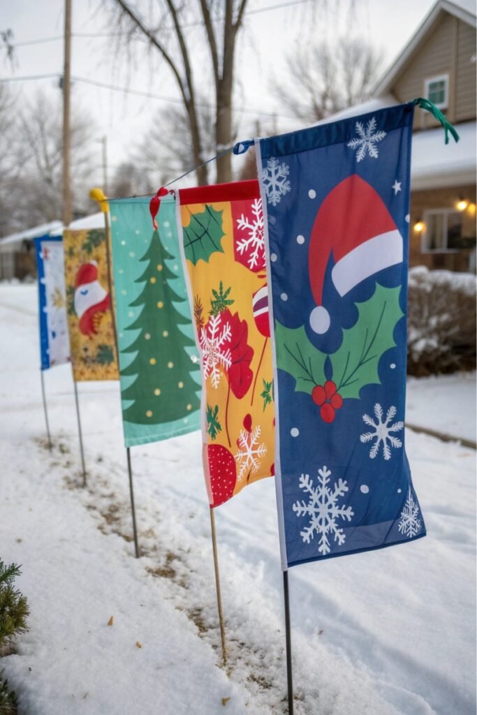 Colorful garden flags fluttering in the breeze, adorned with festive Christmas motifs like holly, snowflakes, and Santa hats