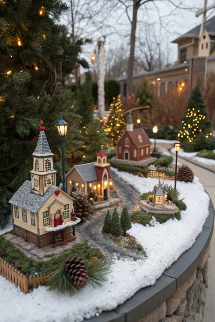 Create a charming miniature Christmas village in your garden for a magical holiday display