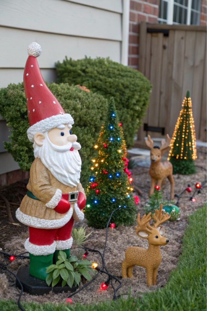 A garden gnome wearing a Santa hat is surrounded by festive gardening decorations