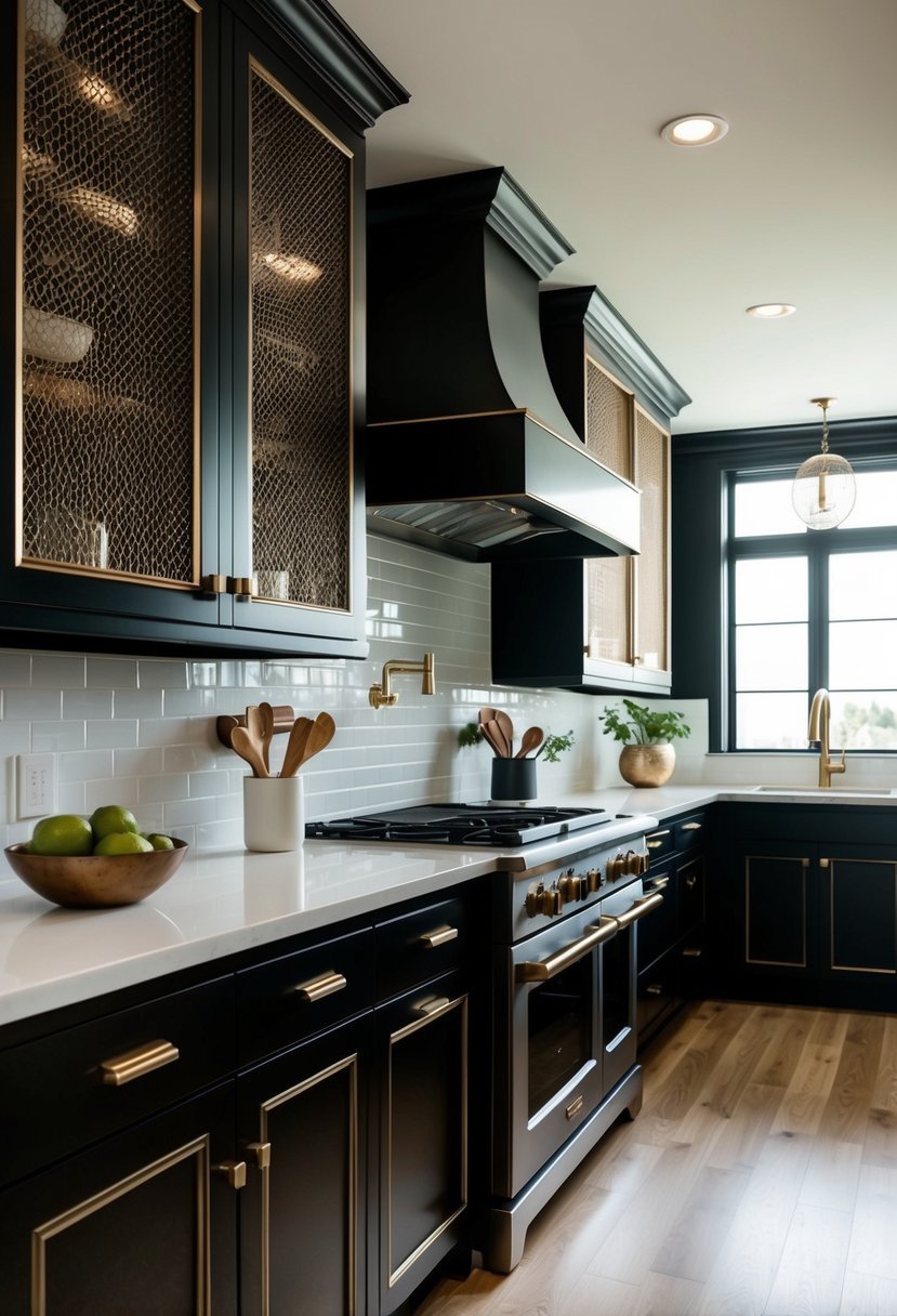 kitchen Black Cabinets with Intricate Bronze Mesh Fronts