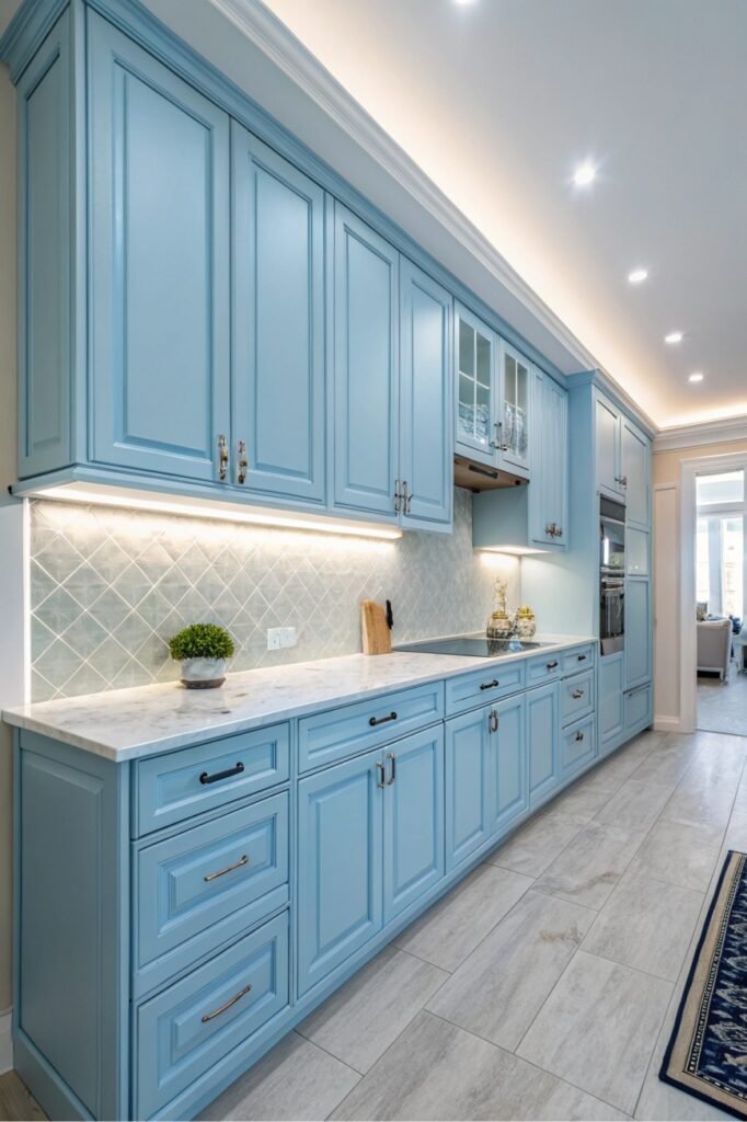 A bright blue sky illuminates a kitchen with under cabinet lighting