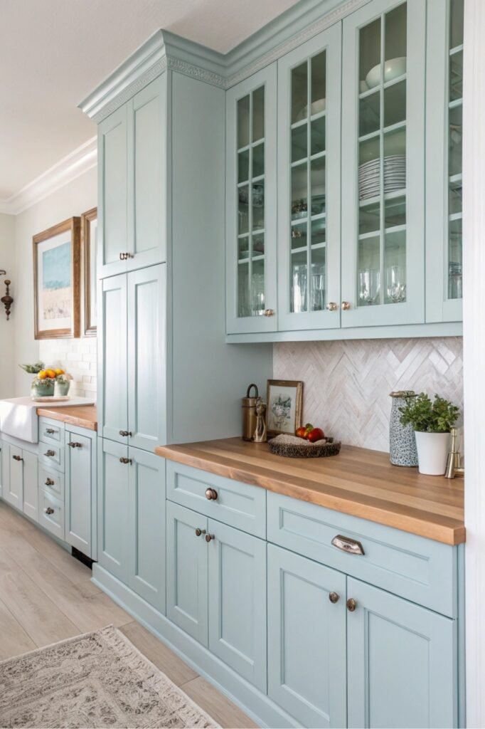 Ocean mist light blue cabinet paired with brushed nickel hardware 