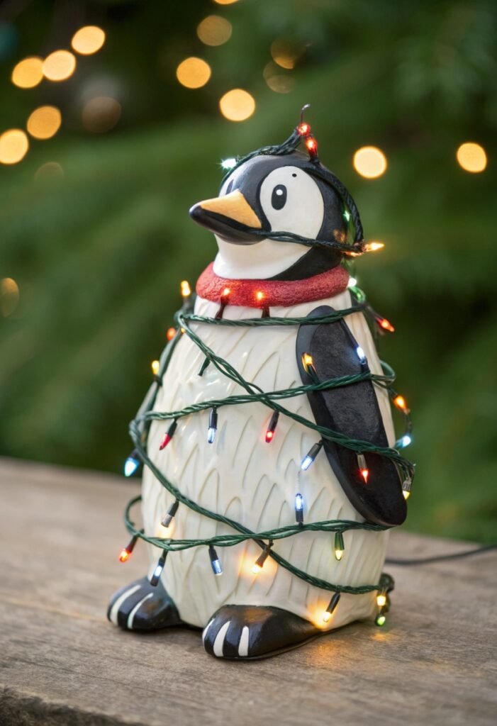 Penguin Wrapped in Christmas Lights xmas ornament