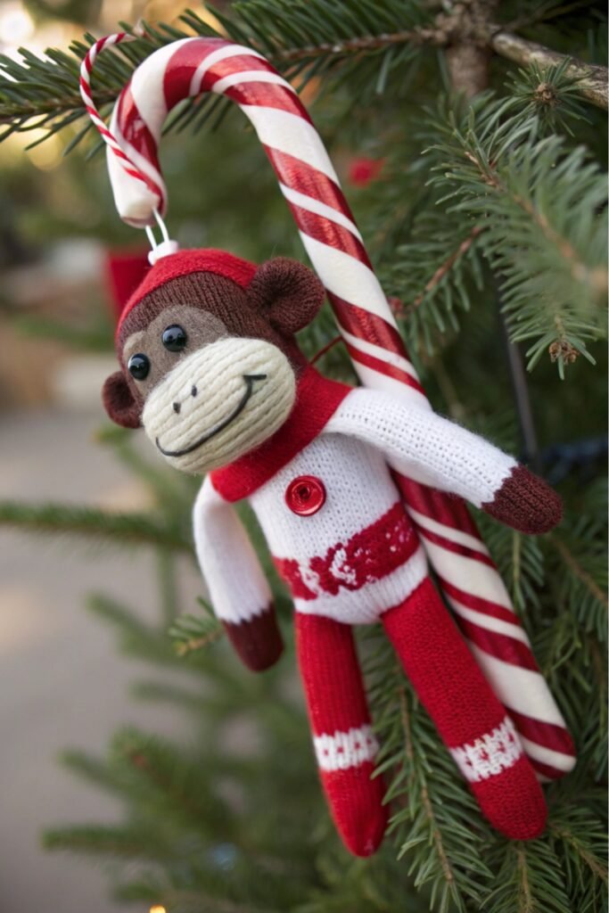 Sock Monkey with Candy Cane - Christmas tree ornament