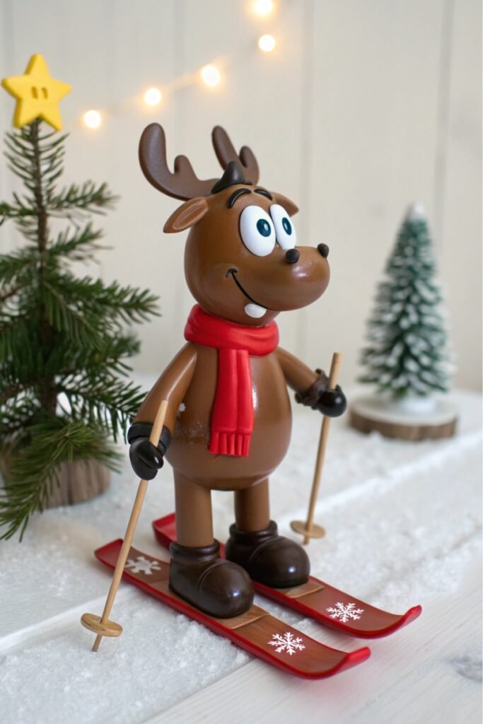 A moose wearing a red scarf, skiing down a snowy hill with a comical expression - Christmas tree ornament