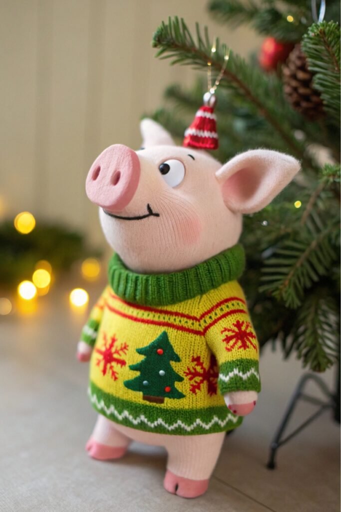 toy pig with Christmas Sweater - funny Christmas tree ornament 