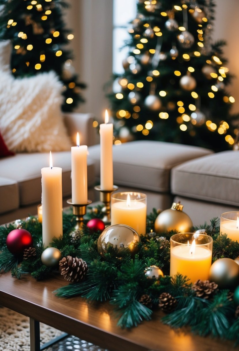 A festive coffee table adorned with candles, greenery, ornaments, and twinkling lights