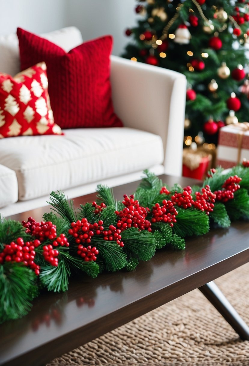 A coffee table adorned with a red berry garland, surrounded by festive Christmas decor