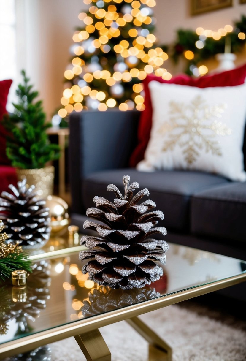 A coffee table adorned with glittery pinecone accents amidst other Christmas decorations