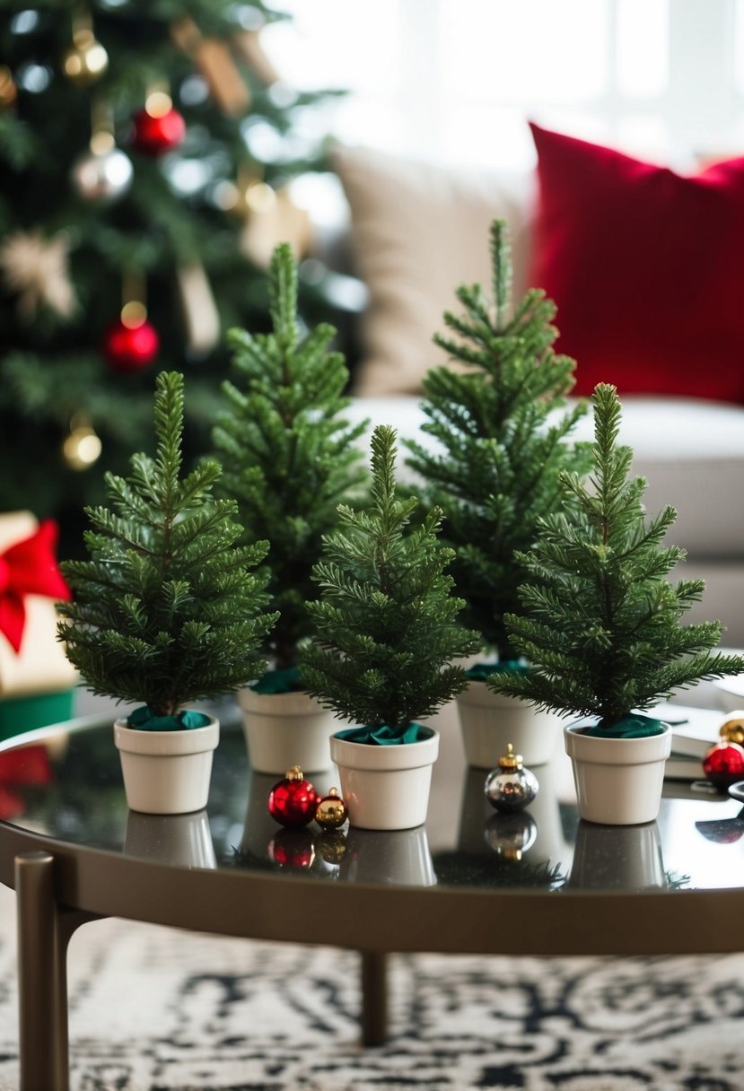 Mini evergreen trees arranged on a coffee table with festive decorations