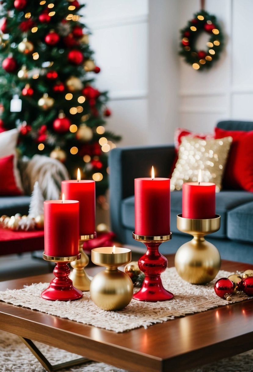 Red and gold candle holders arranged on a festive coffee table with other Christmas decorations