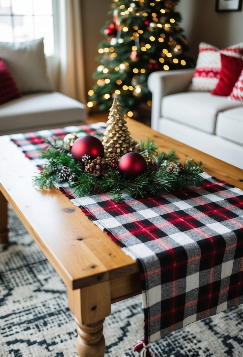 A plaid table runner lies across a wooden coffee table adorned with festive holiday decor