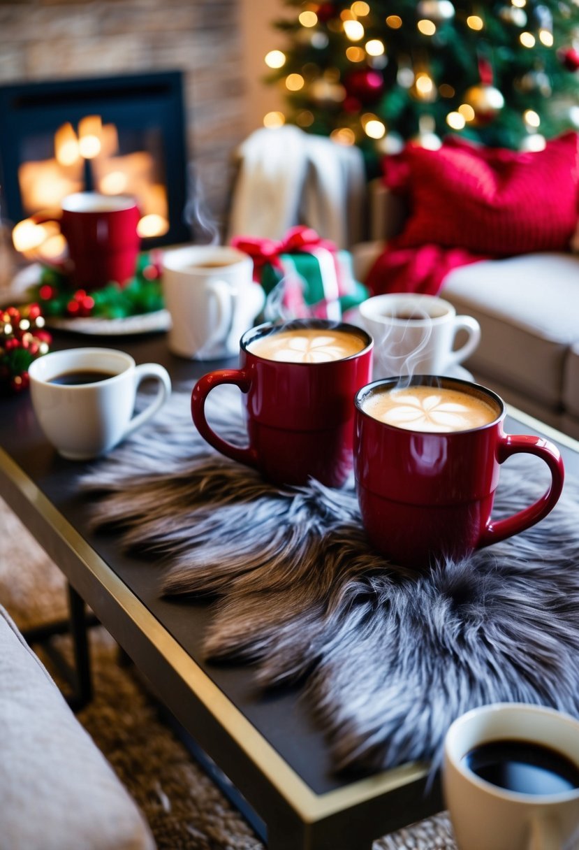 A cozy Christmas coffee table adorned with a faux fur table mat, surrounded by festive decor and warm mugs of steaming hot drinks