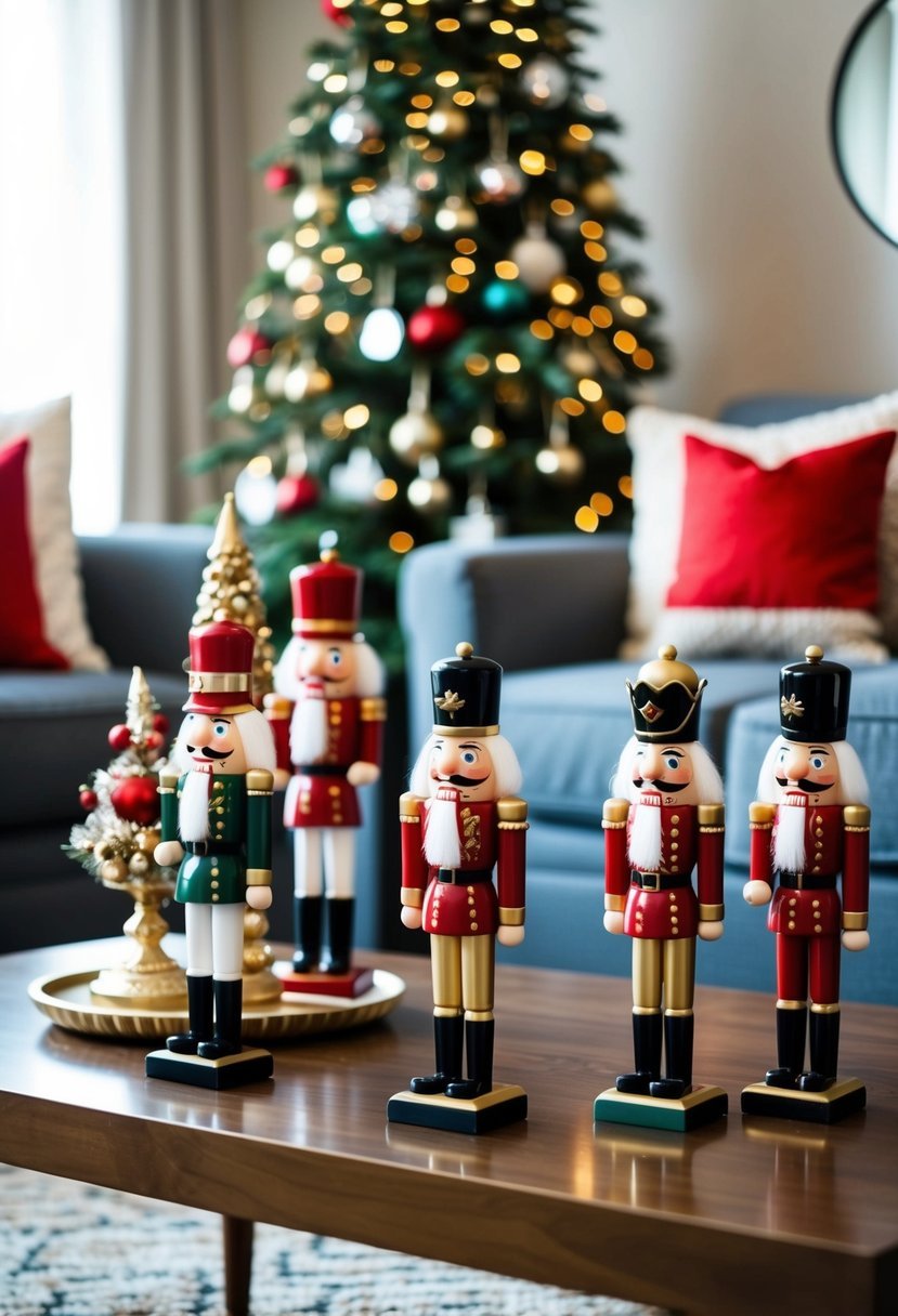 A coffee table adorned with Nutcracker statues and other festive Christmas decor