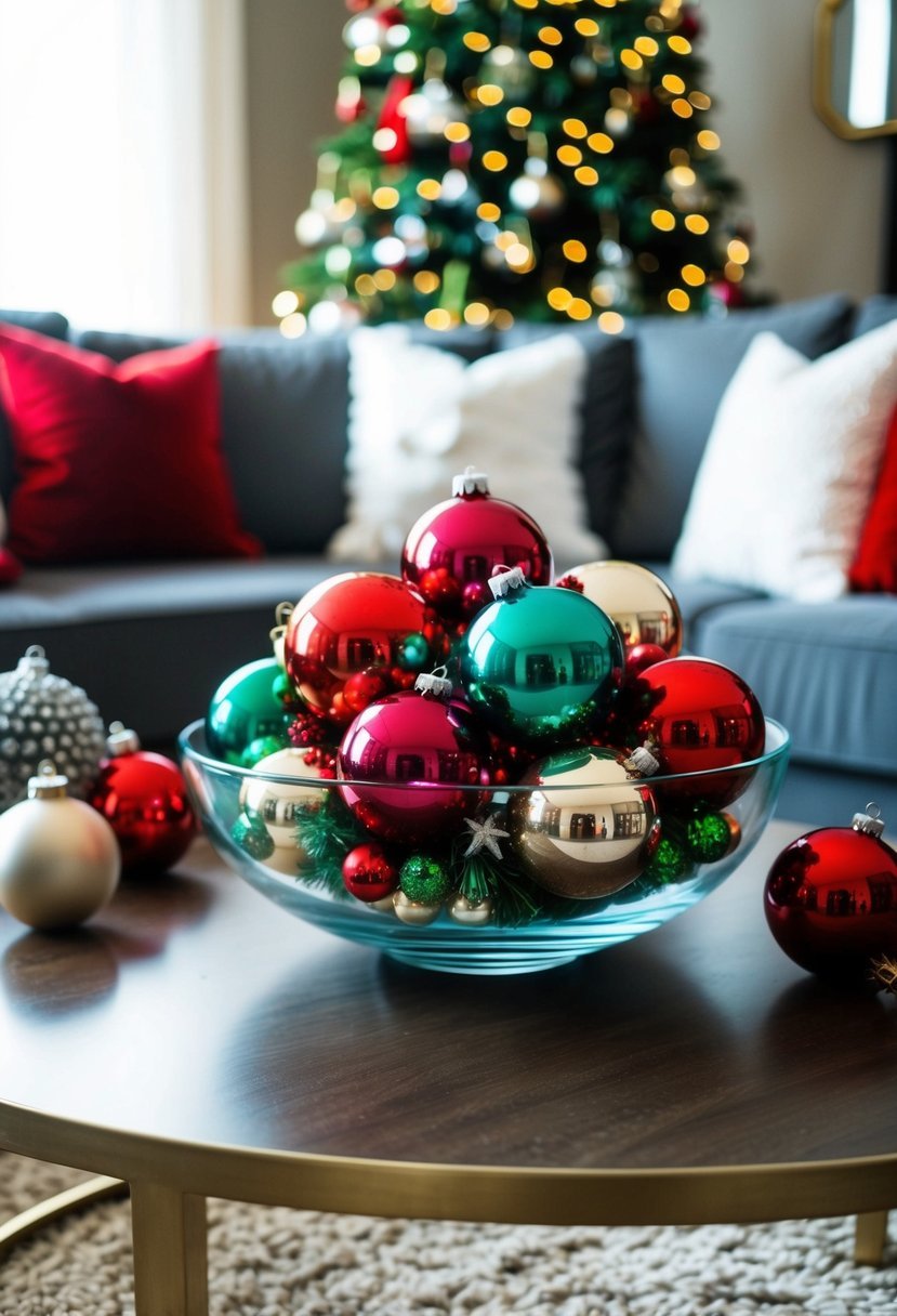 A glass ornament bowl filled with festive decorations sits on a coffee table surrounded by other Christmas decor