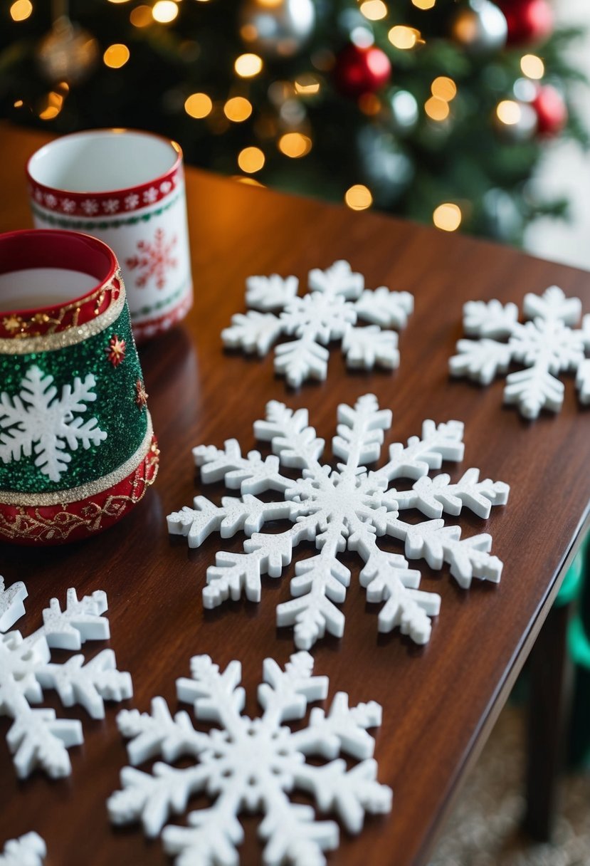 Snowflake coasters arranged on a festive coffee table with other Christmas decor