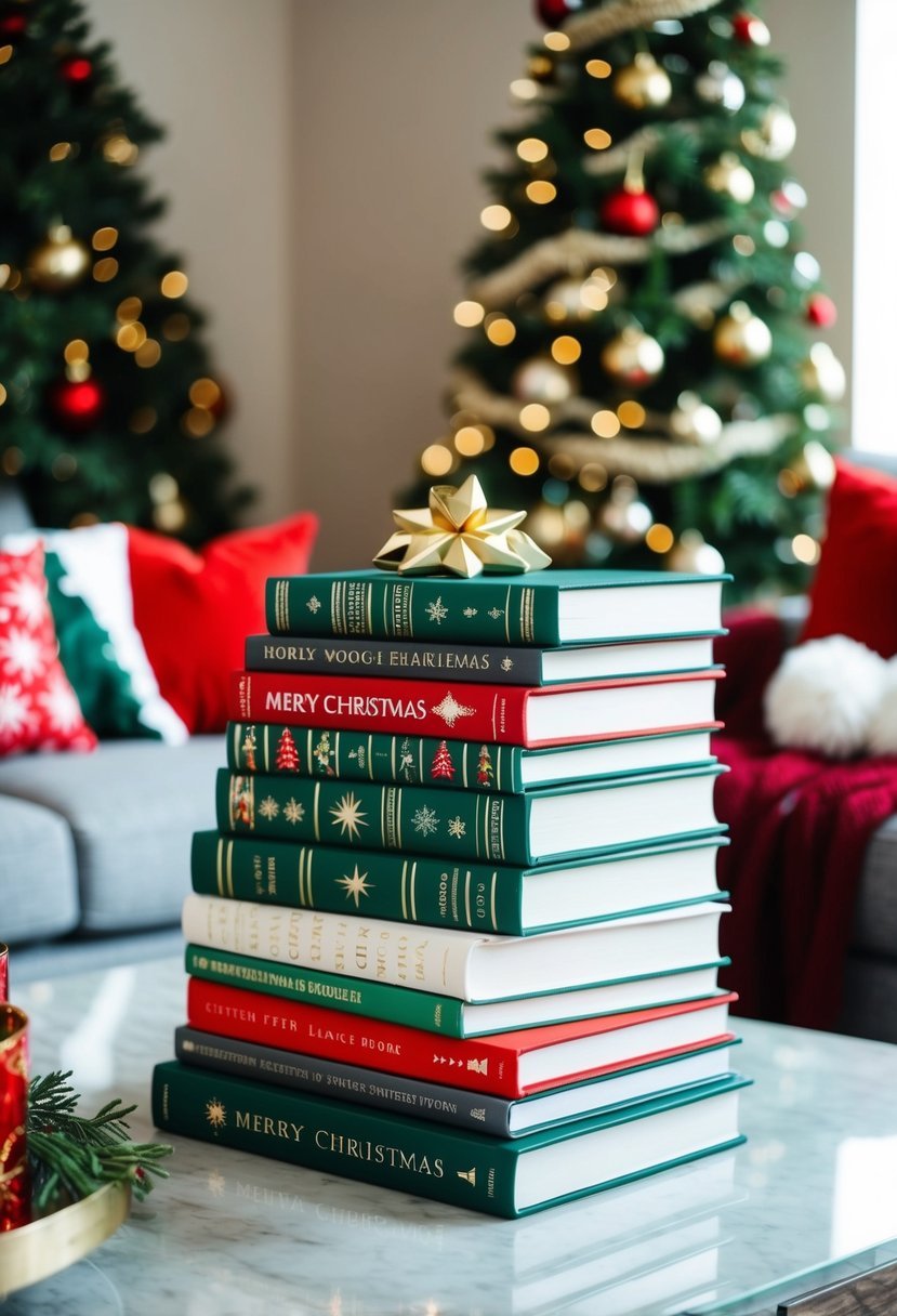 A stack of Christmas-themed books on a coffee table with festive decor