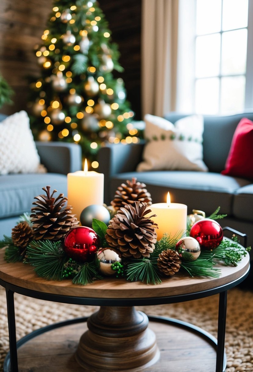 A cozy coffee table adorned with rustic Christmas decor: pinecones, candles, greenery, and festive ornaments