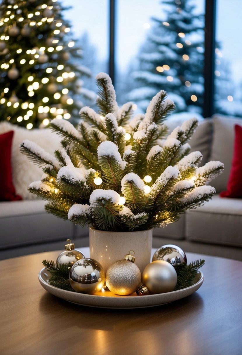 Snow-covered pine branches arranged with festive ornaments and twinkling lights on a coffee table