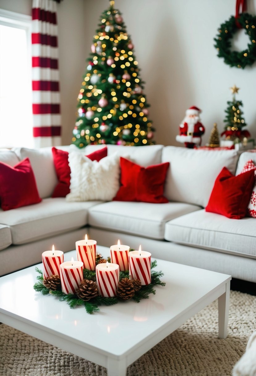 A cozy living room with a white coffee table adorned with peppermint-scented candles, surrounded by festive Christmas decorations