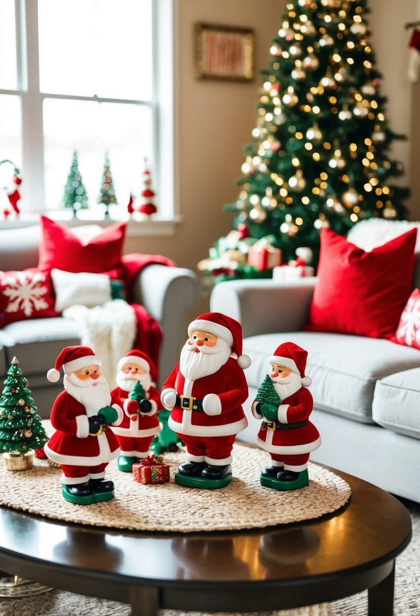 A cozy living room with a festive coffee table adorned with Santa Claus figurines and other Christmas decorations