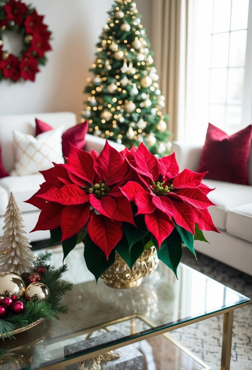 A luxurious velvet poinsettia arrangement sits as the centerpiece of a festive coffee table, surrounded by other elegant Christmas decor