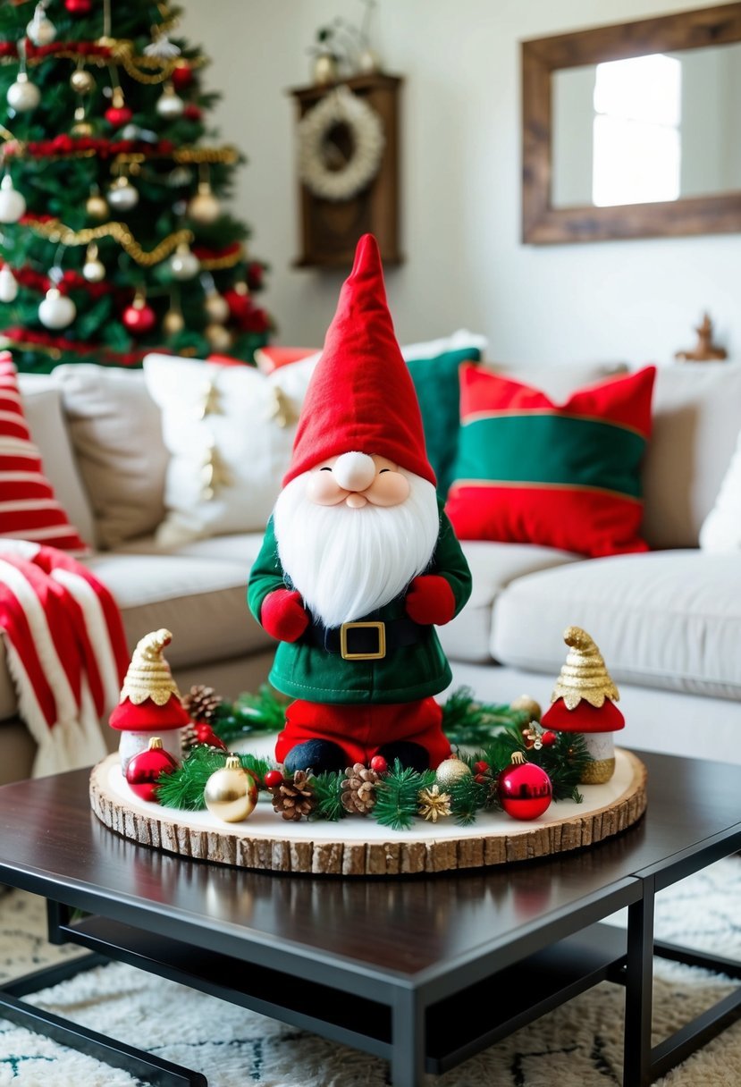 A cozy living room with a festive Christmas gnome centerpiece on a coffee table surrounded by other holiday decorations