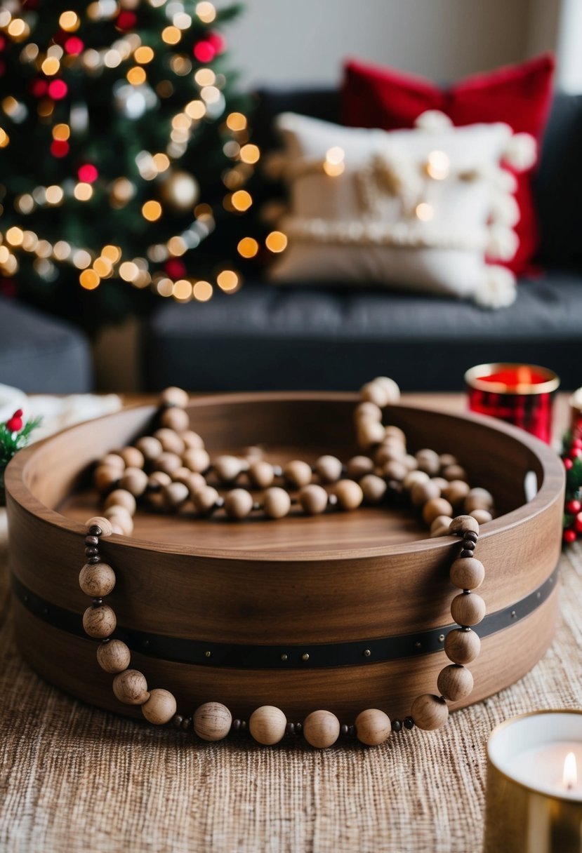 A wooden tray adorned with rustic beads, surrounded by festive coffee table decor