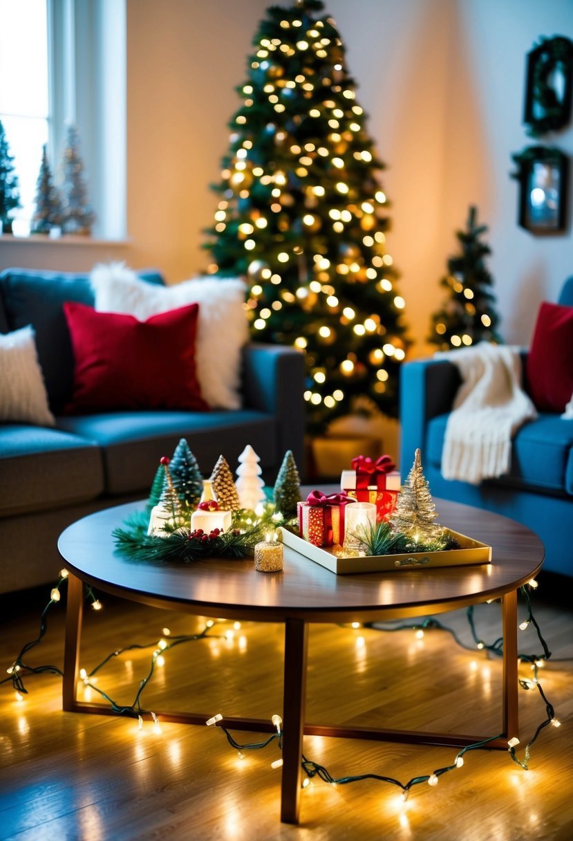 A coffee table adorned with LED string lights, surrounded by various Christmas decor items