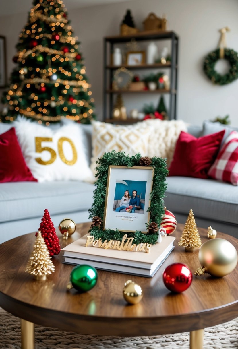 A cozy living room with a festive coffee table adorned with a personalized photo frame, surrounded by 50 Christmas-themed decor ideas