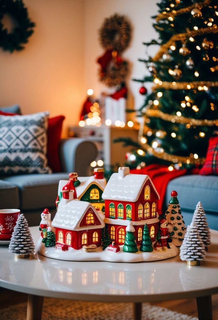 A cozy living room with a ceramic Christmas village on the coffee table, surrounded by festive decorations and twinkling lights