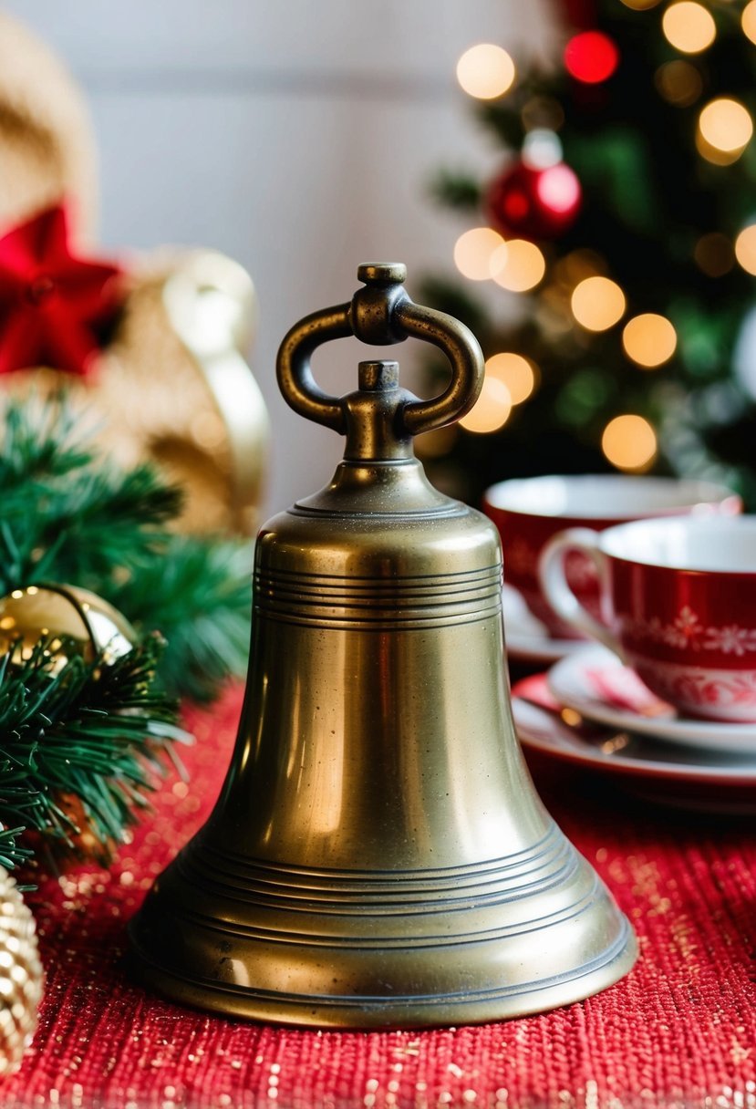 An antique brass bell sits among festive Christmas coffee table decor