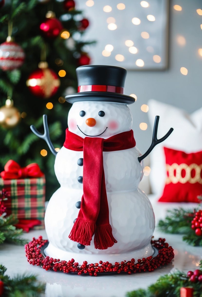 A snowman table sculpture surrounded by festive Christmas decor