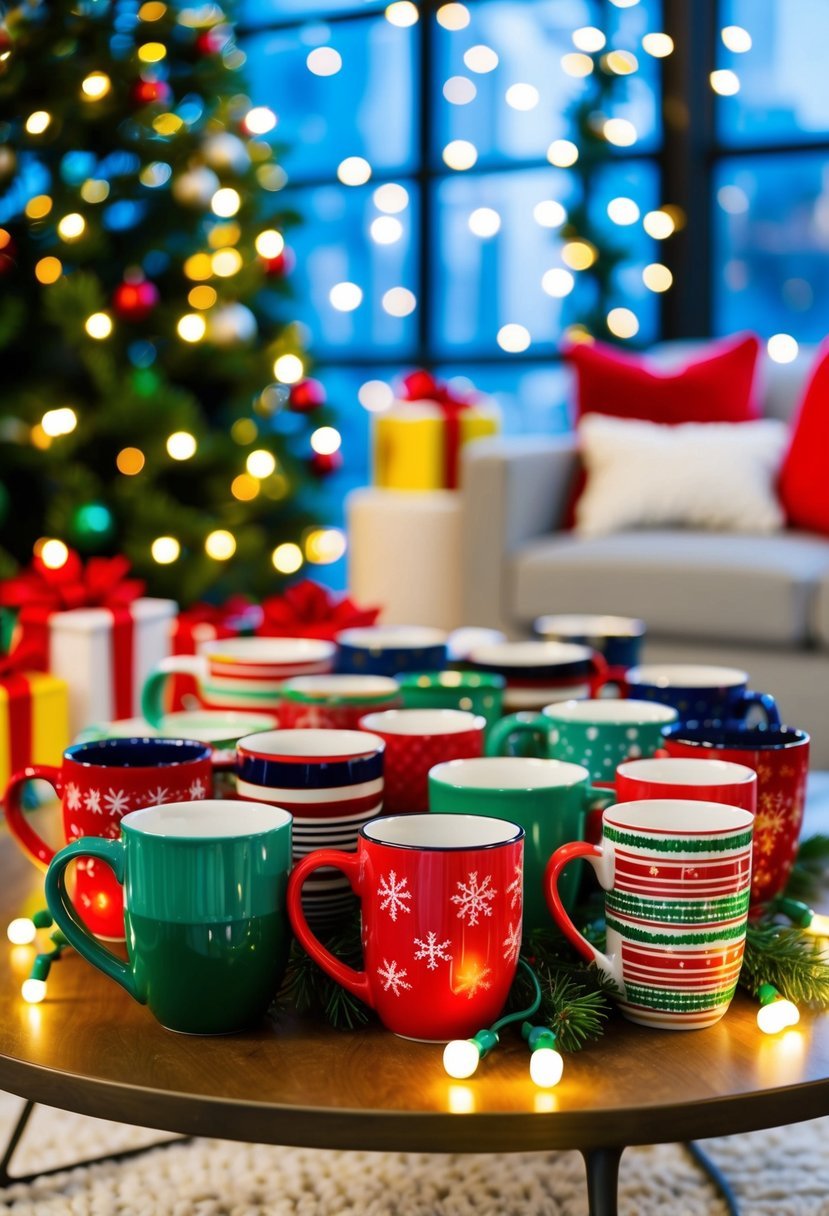 A colorful array of festive mugs arranged on a coffee table, surrounded by twinkling lights and holiday greenery