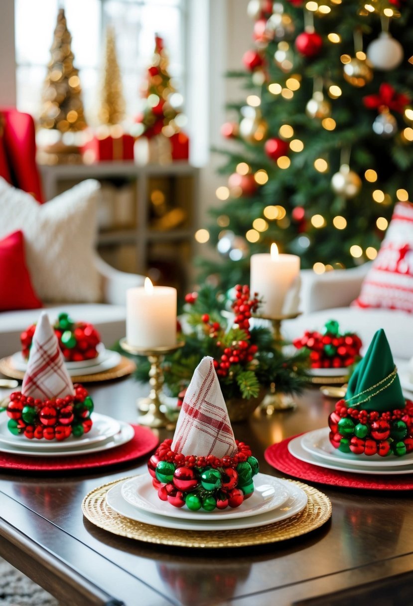 A festive coffee table adorned with holiday napkin rings and other Christmas decorations