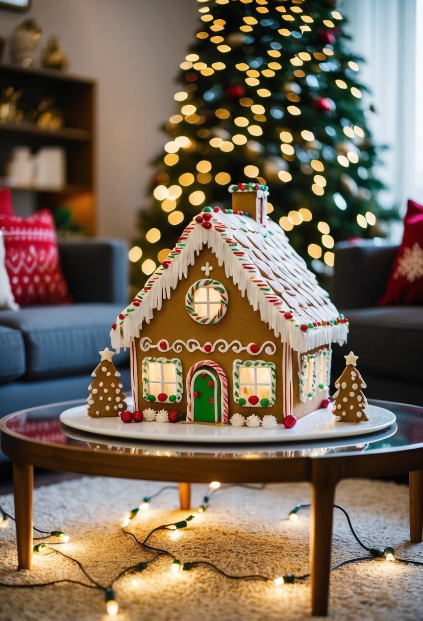 A gingerbread house sits as a centerpiece on a festive coffee table, surrounded by twinkling lights and other holiday decorations