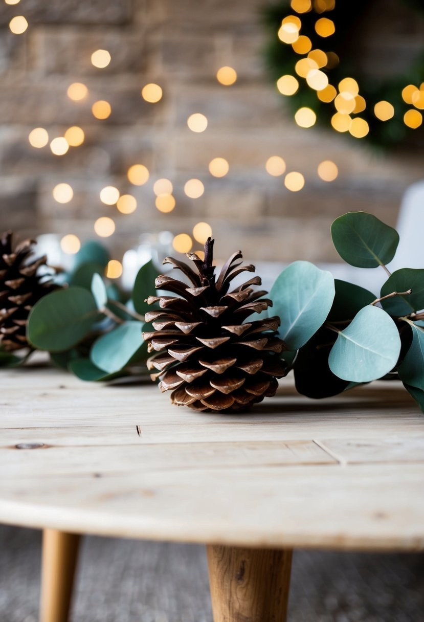 A rustic pinecone and eucalyptus garland draped across a festive coffee table