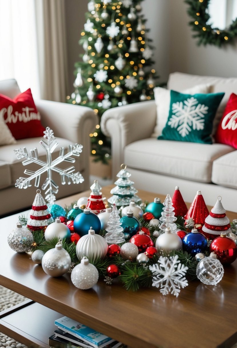 A coffee table adorned with 50 unique Christmas decorations, featuring crystal snowflake accents